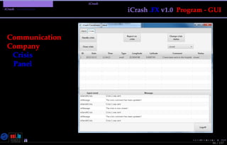 TMPA-2015-Keynote - Part: Illustration: The iCrash MessepVariant
iCrash - Construction
86 / 157
iCrash .FX v1.0 Program - GUI
Communication
Company
Crisis
Panel
Nicolas Guelﬁ- Wednesday 11th November, 2015 (23:06) - University of Luxembourg, LU
 