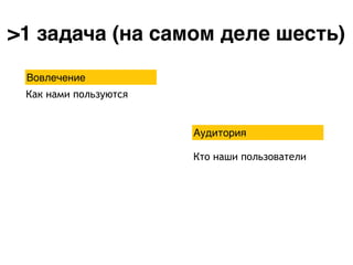 >1 задача (на самом деле шесть)
Вовлечение
Аудитория
Как нами пользуются
Кто наши пользователи
 