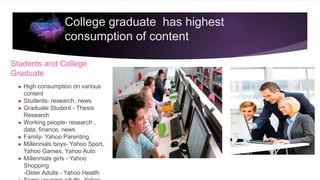 College graduate has highest
consumption of content
Students and College
Graduate
★ High consumption on various
content
★ Students- research, news
★ Graduate Student - Thesis
Research
★ Working people- research ,
data, finance, news
★ Family- Yahoo Parenting
★ Millennials boys- Yahoo Sport,
Yahoo Games, Yahoo Auto
★ Millennials girls - Yahoo
Shopping
-Older Adults - Yahoo Health
 