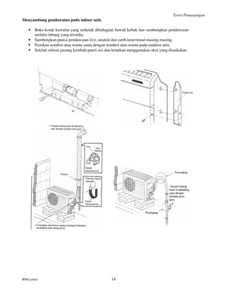 Teori Pemasangan
IKM Lumut 14
Menyambung pendawaian pada indoor unit.
• Buka kotak kawalan yang terketak dibahagian bawah kebuk dan sambungkan pendawaian
melalui lubang yang tersedia.
• Sambungkan punca pendawaian live, neutral dan earth keterminal masing-masing.
• Pastikan nombor atau warna sama dengan nombor atau warna pada outdoor unit.
• Setelah selesai pasang kembali panel sisi dan ketatkan menggunakan skru yang disediakan.
 