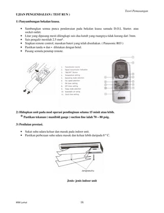 Teori Pemasangan
IKM Lumut 16
UJIAN PENGENDALIAN ( TEST RUN )
1) Panyambungan bekalan kuasa.
• Sambungkan semua punca pendawaian pada bekalan kuasa samada D.O.L Starter. atau
socket outlet.
• Litar yang dipasang mesti dilengkapi suis dua kutub yang ruangnya tidak kurang dari 3mm.
• Sais pengalir mestilah 2.5 mm² .
• Siapkan remote control, masukan bateri yang telah disediakan. ( Panasonic R03 )
• Pastikan tanda + dan - diletakan dengan betul.
• Pasang semula penutup remote.
2) Hidupkan unit pada mod operasi pendinginan selama 15 minit atau lebih.
* Pastikan tekanan ( manifold gauge ) suction line ialah 70 – 80 psig.
3) Penilaian prestasi.
• Sukat suhu udara keluar dan masuk pada indoor unit.
• Pastikan perbezaan suhu udara masuk dan keluar lebih daripada 8 º C.
Jenis- jenis indoor unit
 