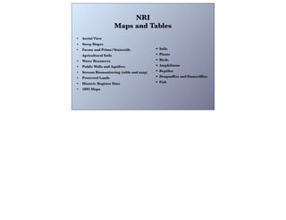 NRI
Maps and Tables
• Aerial View
• Steep Slopes
• Farms and Prime/Statewide
Agricultural Soils
• Water Resources
• Public Wells and Aquifers
• Stream Biomonitoring (table and map)
• Protected Lands
• Historic Register Sites
• 1895 Maps
• Soils
• Plants
• Birds
• Amphibians
• Reptiles
• Dragonﬂies and Damselﬂies
• Fish
 