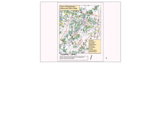 6
E
Town of Montgomery
Farms and Farm Fields
D=Dairy
P=Produce
DR=Dairy
Replacement
E=Equine
O=Orchard
H=Hay
F=Floriculture
yellow=equine
E
O
P
D
H
H
U
U
P
F
P
H
U
H
H
D
D
H BD
D
D
D
D
D
D
D
D
D D
D
D
D DR
DR
DR
Notes: Colored circles represent farm headquarters.
Green areas are farmed fields.
/
0 4,600 9,200 13,800 18,4002,300
Feet
 