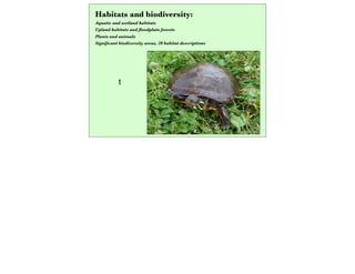 t
Habitats and biodiversity:
Aquatic and wetland habitats
Upland habitats and ﬂoodplain forests
Plants and animals
Signiﬁcant biodiversity areas, 20 habitat descriptions
 