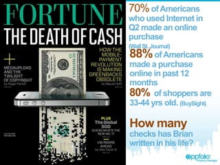 70% of Americans
who used Internet in
Q2 made an online
purchase
(Wall St. Journal)

88% of Americans
made a purchase
online in past 12
months
80% of shoppers are
33-44 yrs old. (BuySight)

How many
checks has Brian
written in his life?

 