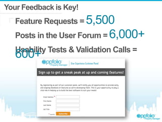 Your Feedback is Key!

Feature Requests = 5,500

Posts in the User Forum = 6,000+
Usability Tests & Validation Calls =

600+

 