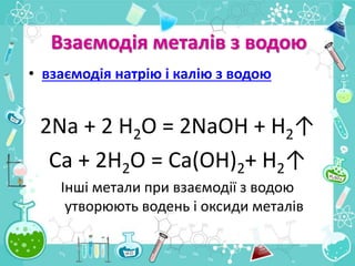 Взаємодія металів з водою
• взаємодія натрію і калію з водою
2Na + 2 H2O = 2NaOH + H2↑
Ca + 2H2O = Ca(OH)2+ H2↑
Інші метали при взаємодії з водою
утворюють водень і оксиди металів
 