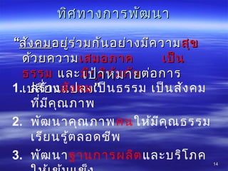 ทิศทำงกำรพัฒนำทิศทำงกำรพัฒนำ
““สังคมสังคมอยู่ร่วมกันอย่ำงมีควำมอยู่ร่วมกันอย่ำงมีควำมสุขสุข
ด้วยควำมด้วยควำมเสมอภำค เป็นเสมอภำค เป็น
ธรรมธรรม และและมีภูมิคุ้มกันมีภูมิคุ้มกันต่อกำรต่อกำร
”เปลี่ยนแปลง”เปลี่ยนแปลง
1414
เป้ำหมำยเป้ำหมำย
1. สร้ำงสังคมเป็นธรรม เป็นสังคม
ที่มีคุณภำพ
2. พัฒนำคุณภำพคนให้มีคุณธรรม
เรียนรู้ตลอดชีพ
3. พัฒนำฐำนกำรผลิตและบริโภค
 