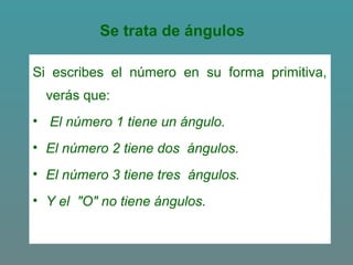 Se trata de ángulos
Si escribes el número en su forma primitiva,
verás que:
• El número 1 tiene un ángulo.
• El número 2 tiene dos ángulos.
• El número 3 tiene tres ángulos.
• Y el "O" no tiene ángulos.
 