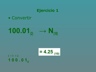 Ejercicio 1
• Convertir
100.01(2) → N(10)
2 1 0 -1 -2
1 0 0 . 0 1(2)
= 4.25 (10)
 