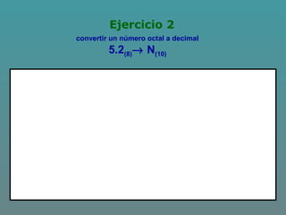 Ejercicio 2
convertir un número octal a decimal
5.2(8)→ N(10)
 