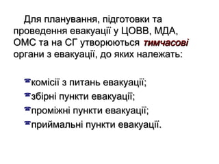 Для планування, підготовки таДля планування, підготовки та
проведення евакуації у ЦОВВ, МДА,проведення евакуації у ЦОВВ, МДА,
ОМС та на СГ утворюютьсяОМС та на СГ утворюються тимчасовітимчасові
органи з евакуації, до яких належать:органи з евакуації, до яких належать:
комісії з питань евакуації;комісії з питань евакуації;
збірні пункти евакуації;збірні пункти евакуації;
проміжні пункти евакуації;проміжні пункти евакуації;
приймальні пункти евакуації.приймальні пункти евакуації.
 