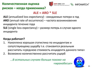 21
Количественная оценка
рисков – когда применима?
ALE = ARO * SLE
ALE (annualized loss expectancy) - ожидаемые потери в год
ARO (annual rate of occurrence) – частота возникновения
инцидента течение года
SLE (single loss expectancy) – размер потерь в случае одного
инцидента
Когда работает?
1. Накоплена хорошая статистика по инцидентам и
сопутствующему ущербу т.е. становится реальным
рассчитать «среднюю стоимость инцидента данного типа»
2. Возможно количественно рассчитать ущерб
...В остальных случаях больше похоже на
«мракобесие»
 