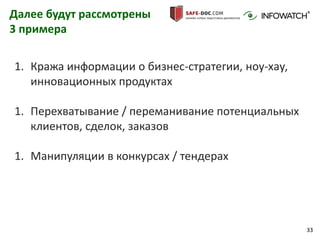 Образец заголовка
33
1. Кража информации о бизнес-стратегии, ноу-хау,
инновационных продуктах
1. Перехватывание / переманивание потенциальных
клиентов, сделок, заказов
1. Манипуляции в конкурсах / тендерах
Конкурентная борьбаДалее будут рассмотрены
3 примера
 