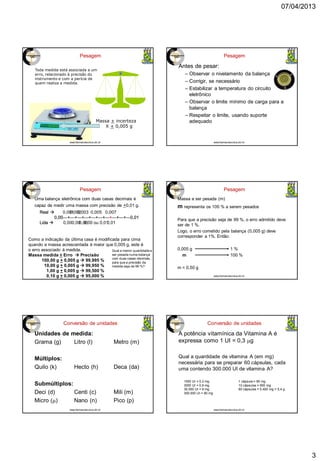 07/04/2013
3
Pesagem
Toda medida está associada a um
erro, relacionado à precisão do
instrumento e com a perícia de
quem realiza a medida.
Massa + incerteza
X + 0,005 g
www.farmacotecnica.ufc.br
Antes de pesar:
– Observar o nivelamento da balança
– Corrigir, se necessário
– Estabilizar a temperatura do circuito
eletrônico
– Observar o limite mínimo de carga para a
balança
– Respeitar o limite, usando suporte
adequado
Pesagem
www.farmacotecnica.ufc.br
Pesagem
Uma balança eletrônica com duas casas decimais é
capaz de medir uma massa com precisão de +0,01 g.
Qual a menor quantidade a
ser pesada numa balança
com duas casas decimais,
para que a precisão da
medida seja de 99 %?
Real  0,001
0,00---+---+---+---+---+---+---+---+---+---0,01
Lida  0,00
Real  0,002
0,00---+---+---+---+---+---+---+---+---+---0,01
Lida  0,00
Real  0,003
0,00---+---+---+---+---+---+---+---+---+---0,01
Lida  0,00
Real  0,005
0,00---+---+---+---+---+---+---+---+---+---0,01
Lida  0,00 ou 0,01
Real  0,007
0,00---+---+---+---+---+---+---+---+---+---0,01
Lida  0,01
Como a indicação da última casa é modificada para cima
quando a massa acrescentada é maior que 0,005 g, este é
o erro associado à medida.
Massa medida + Erro  Precisão
100,00 g + 0,005 g  99,995 %
10,00 g + 0,005 g  99,950 %
1,00 g + 0,005 g  99,500 %
0,10 g + 0,005 g  95,000 %
Pesagem
Massa a ser pesada (m)
m representa os 100 % a serem pesados
Para que a precisão seja de 99 %, o erro admitido deve
ser de 1 %.
Logo, o erro cometido pela balança (0,005 g) deve
corresponder a 1%. Então:
0,005 g 1 %
m 100 %
m = 0,50 g
www.farmacotecnica.ufc.br
Conversão de unidades
Unidades de medida:
Grama (g) Litro (l) Metro (m)
Múltiplos:
Quilo (k) Hecto (h) Deca (da)
Submúltiplos:
Deci (d) Centi (c) Mili (m)
Micro (m) Nano (n) Pico (p)
www.farmacotecnica.ufc.br
Conversão de unidades
A potência vitamínica da Vitamina A é
expressa como 1 UI = 0,3 mg
Qual a quantidade de vitamina A (em mg)
necessária para se preparar 60 cápsulas, cada
uma contendo 300.000 UI de vitamina A?
www.farmacotecnica.ufc.br
1000 UI = 0,3 mg
3000 UI = 0,9 mg
30.000 UI = 9 mg
300.000 UI = 90 mg
1 cápsula = 90 mg
10 cápsulas = 900 mg
60 cápsulas = 5.400 mg = 5,4 g
 