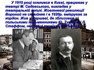 У 1910 році оселився в Києві, працював уУ 1910 році оселився в Києві, працював у
театрі М. Садовського, викладав утеатрі М. Садовського, викладав у
театральній школі. Жовтневої революціїтеатральній школі. Жовтневої революції
Вороний не сприйняв і в 1920р. емігрував заВороний не сприйняв і в 1920р. емігрував за
кордон. Жив у Варшаві, де зблизився зкордон. Жив у Варшаві, де зблизився з
польськими письменниками Ю. Тувімом і Л.польськими письменниками Ю. Тувімом і Л.
Стаффом, невдовзі переїхав до Львова.Стаффом, невдовзі переїхав до Львова.
 