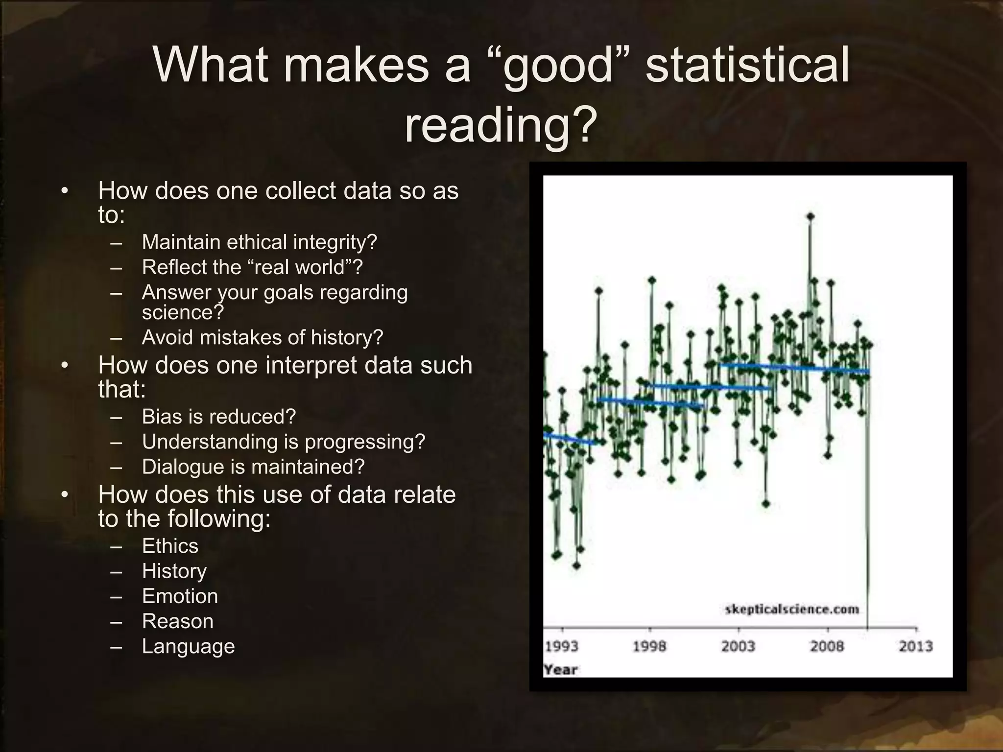 What makes a “good” statistical
reading?
• How does one collect data so as
to:
– Maintain ethical integrity?
– Reflect the “real world”?
– Answer your goals regarding
science?
– Avoid mistakes of history?
• How does one interpret data such
that:
– Bias is reduced?
– Understanding is progressing?
– Dialogue is maintained?
• How does this use of data relate
to the following:
– Ethics
– History
– Emotion
– Reason
– Language
 