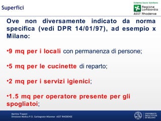 Martino Trapani
Direzione Medica P.O. Garbagnate Milanese –ASST RHODENSE
Superfici
Ove non diversamente indicato da norma
specifica (vedi DPR 14/01/97), ad esempio x
Milano:
•9 mq per i locali con permanenza di persone;
•5 mq per le cucinette di reparto;
•2 mq per i servizi igienici;
•1.5 mq per operatore presente per gli
spogliatoi;
 