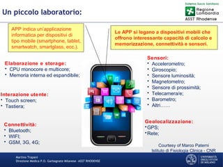 Martino Trapani
Direzione Medica P.O. Garbagnate Milanese –ASST RHODENSE
Un piccolo laboratorio:
Courtesy of Marco Paterni
Istituto di Fisiologia Clinica - CNR
APP indica un’applicazione
informatica per dispositivi di
tipo mobile (smartphone, tablet,
smartwatch, smartglass, ecc.).
Geolocalizzazione:
•GPS;
•Rete;
Sensori:
• Accelerometro;
• Giroscopio;
• Sensore luminosità;
• Magnetometro;
• Sensore di prossimità;
• Telecamera/e;
• Barometro;
• Altri……
Elaborazione e storage:
• CPU monocore e multicore;
• Memoria interna ed espandibile;
Interazione utente:
• Touch screen;
• Tastiera;
Connettività:
• Bluetooth;
• WIFI;
• GSM, 3G, 4G;
Le APP si legano a dispositivi mobili che
offrono interessante capacità di calcolo e
memorizzazione, connettività e sensori.
 