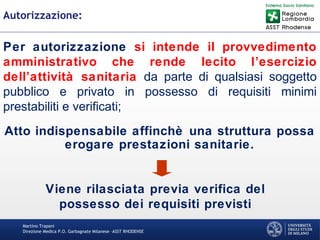 Martino Trapani
Direzione Medica P.O. Garbagnate Milanese –ASST RHODENSE
Autorizzazione:
Viene rilasciata previa verifica del
possesso dei requisiti previsti
Atto indispensabile affinchè una struttura possa
erogare prestazioni sanitarie.
Per autorizzazione si intende il provvedimento
amministrativo che rende lecito l’esercizio
dell’attività sanitaria da parte di qualsiasi soggetto
pubblico e privato in possesso di requisiti minimi
prestabiliti e verificati;
 