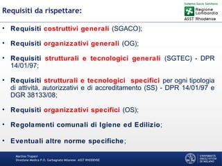 Martino Trapani
Direzione Medica P.O. Garbagnate Milanese –ASST RHODENSE
Requisiti da rispettare:
• Requisiti costruttivi generali (SGACO);
• Requisiti organizzativi generali (OG);
• Requisiti strutturali e tecnologici generali (SGTEC) - DPR
14/01/97;
• Requisiti strutturali e tecnologici specifici per ogni tipologia
di attività, autorizzativi e di accreditamento (SS) - DPR 14/01/97 e
DGR 38133/08;
• Requisiti organizzativi specifici (OS);
• Regolamenti comunali di Igiene ed Edilizio;
• Eventuali altre norme specifiche;
 
