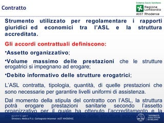 Martino Trapani
Direzione Medica P.O. Garbagnate Milanese –ASST RHODENSE
Contratto
Strumento utilizzato per regolamentare i rapporti
giuridici ed economici tra l’ASL e la struttura
accreditata.
Gli accordi contrattuali definiscono:
•Assetto organizzativo;
•Volume massimo delle prestazioni che le strutture
erogatrici si impegnano ad erogare;
•Debito informativo delle strutture erogatrici;
L’ASL contratta, tipologia, quantità, di quelle prestazioni che
sono necessarie per garantire livelli uniformi di assistenza.
Dal momento della stipula del contratto con l’ASL, la struttura
potrà erogare prestazioni sanitarie secondo l’assetto
organizzativo per il quale ha ottenuto l’accreditamento e la
conseguente iscrizione al registro delle strutture accreditate.
 