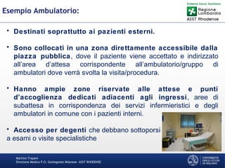 Martino Trapani
Direzione Medica P.O. Garbagnate Milanese –ASST RHODENSE
Esempio Ambulatorio:
• Destinati soprattutto ai pazienti esterni.
• Sono collocati in una zona direttamente accessibile dalla
piazza pubblica, dove il paziente viene accettato e indirizzato
all’area d’attesa corrispondente all’ambulatorio/gruppo di
ambulatori dove verrà svolta la visita/procedura.
• Hanno ampie zone riservate alle attese e punti
d’accoglienza dedicati adiacenti agli ingressi, aree di
subattesa in corrispondenza dei servizi infermieristici e degli
ambulatori in comune con i pazienti interni.
• Accesso per degenti che debbano sottoporsi
a esami o visite specialistiche
 