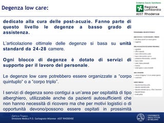 Martino Trapani
Direzione Medica P.O. Garbagnate Milanese –ASST RHODENSE
Degenza low care:
dedicato alla cura delle post-acuzie. Fanno parte di
questo livello le degenze a basso grado di
assistenza.
L’articolazione ottimale delle degenze si basa su unità
standard da 24-28 camere.
Ogni blocco di degenze è dotato di servizi di
supporto per il lavoro del personale.
Le degenze low care potrebbero essere organizzate a “corpo
quintuplo“ o a “corpo triplo”.
I servizi di degenza sono contigui a un’area per ospitalità di tipo
alberghiero, utilizzabile anche da pazienti autosufficienti che
non hanno necessità di ricovero ma che per motivi logistici o di
opportunità devono/possono essere ospitati in prossimità
dell’Ospedale.
 