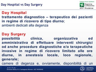 Martino Trapani
Direzione Medica P.O. Garbagnate Milanese –ASST RHODENSE
Day Hospital vs Day Surgery
Day Hospital
trattamento diagnostico – terapeutico dei pazienti
in regime di ricovero di tipo diurno;
ambienti dedicati alla degenza
Day Surgery
possibilità clinica, organizzativa ed
amministrativa di effettuare interventi chirurgici
od anche procedure diagnostiche e/o terapeutiche
invasive in regime di ricovero limitato alle ore
diurne, in anestesia locale, loco regionale,
generale;
camere di degenza e, ovviamente, disponibilità di un
Blocco Operatori
 