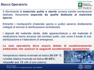 Martino Trapani
Direzione Medica P.O. Garbagnate Milanese –ASST RHODENSE
Blocco Operatorio
Il rifornimento di materiale pulito e sterile avviene tramite montacarichi
dedicato, fisicamente separato da quello dedicato al materiale
sporco.
Entrambi i montacarichi (materiale sporco e pulito) saranno direttamente
collegati al servizio di sterilizzazione centralizzato.
I depositi del materiale sterile, delle apparecchiature e del materiale di
medicazione hanno accesso dal corridoio pulito, così come il locale di sub-
sterilizzazione e il laboratorio di emergenza.
La sala operatoria deve essere dotata di condizionamento
ambientale che assicuri le seguenti caratteristiche igrometriche:
•temperatura interna invernale ed estiva 20-24° C;
•umidità relativa invernale ed estiva 40-60%;
•ricambi ora 15 v/h di aria esterna;
 