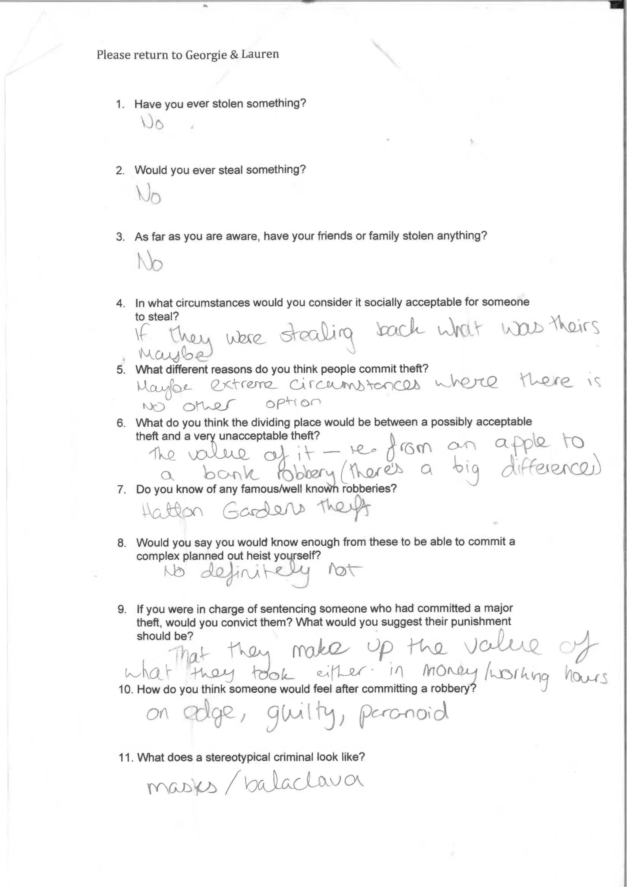 Please return to Georgie & Lauren
1. Have you ever stolen something?
2. Would you ever steal something?
3. Asfar as you are aware, have yourfriends or family stolen anything?
4. In what circumstances would you consider it socially acceptable for someone
to steal?
Wae -01:k.Orct );rAcii- -QAc
4k_Cuk.,j
5. What different reasons do you think people committheft?
23c-v•re 'ed0C.SM ^-'‘'‘‘e--)112 3r'I? 9
)r) Of7 On
6. What do you think the dividing place would be between a possibly acceptable
theft and a ve unacceptable theft?
-k(2 a-13m
a bo-nlecc limber ekofel- ck OReiek,Crb)
7. Do you know ofany famous/well knoi robberies?
GodaiLb
8. Would you say you would know enough from these to be able to commit a
complex planned out heist yo rself?
9. If you were in charge ofsentencing someone who had committed a major
theft, would you convictthem? What would you suggest their punishment
should be?
/air irdoc2 Up -f-te.9_
k-ka '4-Ls2}-1 ok_ - Atiok-0-9
10. How do you think someone would feel after committing a robbery?
OA 9(AAttii, pc,c-noiot
11. What does a stereotypical criminal look like?
MG..61(,) OC3-r-A-CJ-J-)Ck
 