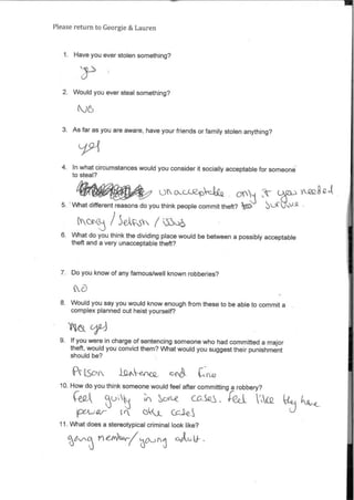 Please return to Georgie&Lauren
Ces2A op ;1- Sotte C_Ck_k_S ,
CMJ ccSe S
11. What does a stereotypical criminal look like?
%G/ ems/7i30„ efAeL u- ,
1. Have you ever stolen something?
2. Would you ever steal something?
3. Asfar as you are aware, have your friends orfamily stolen anything?
4. In what circumstances would you consider it socially acceptable for someone
to steal?
".6= 4K,4111 A
044•:,,
5. What different reasons do you think people commit theft? VD SOC
t(vr 156,F:5
6. What do you think the dividing place would be between a possibly acceptable
theft and a very unacceptable theft?
7. Do you know of any famous/well known robberies?
8. Would you say you would know enough from these to be able to commit a
complex planned out heist yourself?
9. If you were in charge ofsentencing someone who had committed a major
theft, would you convict them? What would you suggest their punishment
should be?
PcLse)( 4'46). Ct.(Le
10. How do you think someone would feel after committing a robbery?
red rA(c.,
1-cu-t_
 