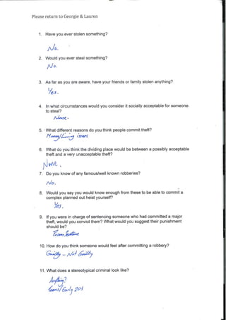 Please return to Georgie & Lauren
1. Have you ever stolen something?
A/0-
2. Would you ever steal something?
tic)*
3. Asfar as you are aware, have your friends orfamily stolen anything?
Ye-5.
4. In what circumstances would you consider it socially acceptable for someone
to steal?
5. What different reasons do you think people commit theft?
. . .
/Ames
6. What do you think the dividing place would be between a possibly acceptable
theft and a very unacceptable theft?
ji ONQ,
7. Do you know of any famous/well known robberies?
A/o.
8. Would you say you would know enough from these to be able to commit a
complex planned out heist yourself?
Ye5.
9. If you were in charge ofsentencing someone who had committed a major
theft, would you convict them? What would you suggest their punishment
should be?
7Liot4,444
10. How do you think someone would feel after committing a robbery?
LY 7
11. What does a stereotypical criminal look like?
Afiy4j?
425/eady70
 