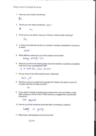 Please return to Georgie & Lauren
1. Have you ever stolen something?
1(s
2. Would you ever steal something? a/a):r
No.
3. Asfar as you are aware, have your friends or family stolen anything?
YQS
4. In what circumstances would you consider it socially acceptable for someone
to steal?
Nevti•
5. What different reasons do you think people commit theft?
IVI6k1//
Pore
J
Jove .
6. What do you think the dividing place would be between a possibly acceptable
theft and a very unacceptable theft?
//. tf hAiril/1_4. ,t14, rcol-
7. Do you know of any famous/well known robberies?
Job
8. Would you say you would know enough from these to be able to commit a
complex planned out heist yourself?
No •
9. If you were in charge ofsentencing someone who had committed a major
theft, would you convict them? What would you suggesttheir punishment
should be?
d • citpvActs•
10. How do you think someone would feel after committing a robbery?
11. What does a stereotypical criminal look like?
 