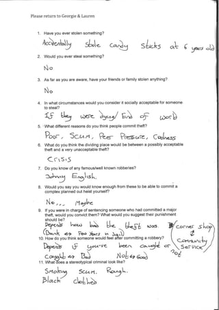 Please return to Georgie&Lauren
1. Have you ever stolen something?
Ac c412;,) tks G‘
2. Would you ever steal something?
1J0
3. Asfar as you are aware, have your friends orfamily stolen anything?
N0
4. In what circumstances would you consider it socially acceptable for someone
to steal?
fS oF
5. What different reasons do you think people commit theft?
Poor, ScutPI, CAo(ne-55
6. What do you think the dividing place would be between a possibly acceptable
theft and a very unacceptable theft?
C.CSt_S
7. Do you know of any famous/well known robberies?
E,nlisG,,
8. Would you say you would know enough from these to be able to commit a
complex planned out heist yourself?
No/
9. If you were in charge ofsentencing someone who had committed a major
theft, would you convictthem? What would you suggesttheir punishment
should be?
(a..Ank H Few Yelatx
10. How do you think someone would feel after committing a robbery?
6eteN Co.4434 or
Cov,(Attl 1:3Q Nob 4-)6.0A,
"10z
11. What does a stereotypical criminal look like?
St-tok s M. Roi-Aj1-•
Nack cAo.
ysfkr,s c>1.
CornicX
SerVice
 