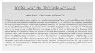 Click to edit Master text styles
ΤΟΠΙΚΗ ΚΟΥΖΙΝΑ-ΠΡΟΙΟΝΤΑ ΚΟΖΑΝΗΣ
• Η Κοζάνης, όμως, φημίζεται και για τα γλυκά της. Η μεγάλη παραγωγή σε μήλα και ροδάκινα στο Βελβεντό, έχει οδηγήσει
στη δημιουργία σύγχρονων Αγροτικών Συνεταιρισμών, που ασχολούνται με την επεξεργασία και προώθηση μαρμελάδων
και γλυκών μοναδικής νοστιμιάς. Ιδιαίτερα φημισμένα είναι τα κρασιά της Σιάτιστας, του Βελβεντού, αλλά και ολόκληρης
της περιοχής. Βάση παραγωγής των εξαιρετικών κρασιών αποτελεί η περίφημη ποικιλία «ξινόμαυρο» σε συνδυασμό με
μοσχάτο και άλλες τοπικές ποικιλίες. Ξακουστό είναι σήμερα το λιαστό κρασί της Σιάτιστας και τα βρασμένα γλυκά
κόκκινα κρασιά. Στις πετρώδεις πλαγιές των βουνών της Κοζάνης, καλλιεργούνται τα αμπέλια, απ’ όπου παράγεται το
ονομαστό λιαστό κρασί, που προέρχεται από αφυδάτωση των σταφυλιών, τα οποία λιάζονται επί δύο μήνες. Μία ακόμη
παραδοσιακή δραστηριότητα των κατοίκων του Νομού Κοζάνης είναι η γουνοποιία. Ήδη από το τέλος του 16ου αιώνα
Σιατιστινοί έμποροι ανέπτυξαν σχέσεις με εμπόρους από την Κεντρική Ευρώπη και έφεραν σημαντική άνθηση και
οικονομική, πολιτιστική και πνευματική πρόοδο στην πόλη. Για αιώνες η γουνοποιία αποτέλεσε για τους κατοίκους της
Σιάτιστας μια πολύ προσοδοφόρο απασχόληση, ωστόσο τα τελευταία χρόνια η παραγωγή γούνας αντιμετωπίζει
σημαντικά προβλήματα.
Κοζάνη: Τοπικά Προϊόντα-Τοπική κουζίνα ΜΕΡΟΣ 2
 