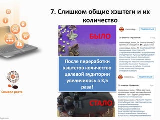 Символ роста
7. Слишком общие хэштеги и их
количество
После переработки
хэштегов количество
целевой аудитории
увеличилось в 3,5
раза!
БЫЛО
СТАЛО
 