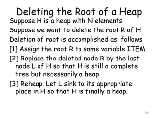 Deleting the Root of a Heap
Suppose H is a heap with N elements
Suppose we want to delete the root R of H
Deletion of root is accomplished as follows
[1] Assign the root R to some variable ITEM
[2] Replace the deleted node R by the last
node L of H so that H is still a complete
tree but necessarily a heap
[3] Reheap. Let L sink to its appropriate
place in H so that H is finally a heap.
54
 