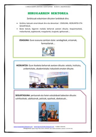 3. MAILA GIZARTE ZIENTZIAK EGOKITZAPENA ALTZA H.I. LAGUNTZA GELA
www.margarigela.blogspot.com www.laguntza2ziklo.blogspot.com Irudiak: Internet.
Piktogramak: Egileak: Sergio Palao Jatorria: ARASAAC (http://catedu.es/arasaac/) Lizentzia: CC (BY-NC-SA)
HIRUGARREN SEKTOREA
Zerbitzuak eskaintzen dituzten lanbideak dira.
 Zerbitzu batzuek oinarrizkoak dira eta denontzat : OSASUNA, HEZKUNTZA ETA
SEGURTASUA.
 Beste batzuk, bigarren mailako beharrak asetzen dituzte; ileapaintzaileek,
mekanikariek, argiketariek, margolariek, iturginek, igeltseroek….
OSASUNA: Gure osasuna zaintzen dute: sendagileak, erizainak,
farmazilariak….
HEZKUNTZA: Gure ikasketa beharrak asetzen dituzte: eskola, institutu,
unibertsitate, akademietako irakasleek ematen dituzte.
SEGURTASUNA: pertsonak eta haien eskubideak babesten dituzte:
suhiltzaileak, udaltzainak, poliziak, epaileak, abokatuak…
 