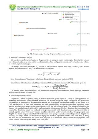 International Journal of Innovative Research in Advanced Engineering (IJIRAE) ISSN: 2349-2763
Issue 05, Volume 3 (May 2016) www.ijirae.com
_________________________________________________________________________________________________
IJIRAE: Impact Factor Value – SJIF: Innospace, Morocco (2015): 3.361 | PIF: 2.469 | Jour Info: 4.085 |
Index Copernicus 2014 = 6.57
© 2014- 16, IJIRAE- All Rights Reserved Page -63
Fig. 4.2 A sample output showing the generated document clusters.
J. Principal Coordinates Analysis
It is also known as Torgerson Scaling or Torgerson–Gower scaling. A matrix containing the dissimilarities between
pairs of items is taken as an input and the coordinate matrix whose configuration minimizes a loss function, also referred
to as strain, is given as an output.
For example, consider a matrix D = [dij], consists of aerial distances between many cities, where, dij is the distance
between the coordinates of ith
and jth
city which can be calculated as,
Now, the coordinates of the cities are to be found. This problem is addressed in classical MDS.
General forms of loss functions called Stress in distance MDS and Strain in classical MDS. The strain is given by:
The distance matrix is converted into a two dimensional array using multidimensional scaling. Principal component
analysis can also be used to achieve this.
K. Visualizing document clusters
Matplotlib is a python 2D plotting library. It produces publication quality figures in a variety of hardcopy formats and
interactive environments across platforms. Matplotlib can be used in python scripts, the python and ipython shell
(alaMATLAB or Mathematica), web application servers, and six graphical user interface toolkits. As per Hunter et al.
[18], Matplotlib tries to make easy things easy and hard things possible. You can generate plots, histograms, power
spectra, bar charts, error charts, scatter plots, et cetera, with just a few lines of code. The process of visualizing the
clusters with matplotlib can be achieved by implementing the below process. Firstly, a dataframe that comprises of the
result of the data frame which was produced in the previous module with the cluster members and also the titles is
created. A plot is set up, the necessary margins are added and scale is set. Now, iteration is done through groups to layer
the plot. The cluster category is matched with the document name giving it a specific color and a position in the plot. The
following is a sample output. The documents belonging to a cluster are represented with the same color. Thus, in the fig
4.1, there are five clusters which are formed from the given set of documents. The documents belonging to the same
cluster have the same concept and belong to the same genre.
 