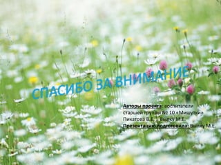 Авторы проекта: воспитатели
старшей группы № 10 «Мишутки»
Пикатова В.Е. , Вылку М.Е.
Презентацию подготовила: Вылку М.Е.
 