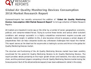 Global Air Quality Monitoring Devices Consumption
2016 Market Research Report
Qyresearchreports has recently announced the addition of "Global Air Quality Monitoring
Devices Consumption 2016 Market Research Report" to its huge collection of Market Research
Reports.
All markets are impacted in some way or the other by a number of social, geographical, economic,
political, and consumer-related forces. Trying to survive these trends and various other turbulent
conditions and emerge successful in a highly competitive environment requires accurate and
valuable market insight. In addition to this, it also becomes critical to possess a certain degree of
preparedness that can help companies tackle any unforeseen challenges that impact the market.
This report serves as the ideal tool for anyone who is looking to survive and thrive in the global Air
Quality Monitoring Devices market.
The structure and functioning of the Air Quality Monitoring Devices market have been carefully
scrutinized for the period Air Quality Monitoring Devices to Air Quality Monitoring Devices. The
report provides details pertaining to the major growth drivers and restraints, the value and supply
chain, and the prominent players competing in the Air Quality Monitoring Devices market during the
forecast period. Each of the aforementioned aspects have been addressed in detail in the study.
 