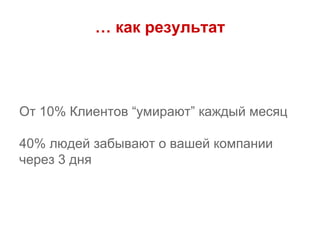 … как результат
От 10% Клиентов “умирают” каждый месяц
40% людей забывают о вашей компании
через 3 дня
 