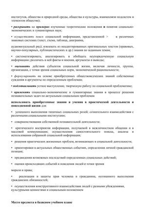 институтов, общества и природной среды, общества и культуры, взаимосвязи подсистем и
элементов общества);
• раскрывать на примерах изученные теоретические положения и понятия социально-
экономических и гуманитарных наук;
• осуществлять поиск социальной информации, представленной > в различных
знаковых системах (текст, схема, таблица, диаграмма,
аудиовизуальный ряд); извлекать из неадаптированных оригинальных текстов (правовых,
научно-популярных, публицистических и др.) знания по заданным темам;
• систематизировать, анализировать и обобщать неупорядоченную социальную
информацию; различать в ней факты и мнения, аргументы и выводы;
• оценивать действия субъектов социальной жизни, включая личности, группы,
организации, с точки зрения социальных норм, экономической рациональности;
• формулировать на основе приобретенных обществоведческих знаний собственные
суждения и аргументы по определенным проблемам;
• подготавливать устное выступление, творческую работу по социальной проблематике;
• применять социально-экономические и гуманитарные знания в процессе решения
познавательных задач по актуальным социальным проблемам
использовать приобретенные знания и умения в практической деятельности и
повседневной жизни для:
• успешного выполнения типичных социальных ролей; сознательного взаимодействия с
различными социальными институтами;
• совершенствования собственной познавательной деятельности;
• критического восприятия информации, получаемой в межличностном общении и в
массовой коммуникации; осуществления самостоятельного поиска, анализа и
использования собранной социальной информации;
• решения практических жизненных проблем, возникающих в социальной деятельности;
• ориентировки в актуальных общественных событиях, определения личной гражданской
позиции;
• предвидения возможных последствий определенных социальных действий;
• оценки происходящих событий и поведения людей с точки зрения
морали и права;
• реализации и защиты прав человека и гражданина, осознанного выполнения
гражданских обязанностей;
• осуществления конструктивного взаимодействия людей с разными убеждениями,
культурными ценностями и социальным положением
Место предмета в базисном учебном плане
 
