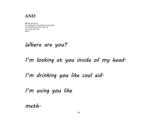 38
AND
Where are you?
I'm looking at you inside of my head.
I'm drinking you like cool aid.
I'm using you like
Meth.
Where are you?
I’m looking at you inside of my head.
I’m drinking you like cool aid.
I’m using you like
meth.
 