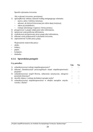„Projekt współfinansowany ze środków Europejskiego Funduszu Społecznego”
23
Sposób wykonania ćwiczenia
Aby wykonać ćwiczenie, powinieneś:
1) uporządkować zebrany materiał według następującego schematu:
− nazwa, adres i telefony instytucji,
− adresaci, do których kierowana jest oferta danej instytucji,
− zakres jej działalności,
− rodzaje udzielanego wsparcia i formy pomocy.
2) przygotować w grupie redakcyjnie tekst informatora,
3) opracować szatę graficzną informatora,
4) wydrukować przygotowany przez grupę tekst informatora,
5) dokonać oceny poprawności wykonania ćwiczenia,
6) zaprezentować wyniki pracy grupy.
Wyposażenie stanowiska pracy:
− ulotki,
− foldery,
− papier,
− komputer,
− drukarka.
4.1.4. Sprawdzian postępów
Czy potrafisz:
Tak Nie
1) scharakteryzować rodzaje niepełnosprawności?  
2) dokonać charakterystyki poszczególnych stopni niepełnosprawności
pacjenta?  
3) scharakteryzować zespół Downa, zaburzenia autystyczne, mózgowe
porażenie dziecięce?  
4) określić objawy i rodzaje dysfunkcji narządu ruchu?  
5) scharakteryzować niepełnosprawności w obrębie narządów zmysłu:
wzroku i słuchu?  
 