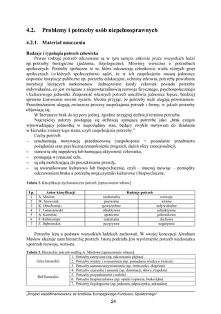 „Projekt współfinansowany ze środków Europejskiego Funduszu Społecznego”
24
4.2. Problemy i potrzeby osób niepełnosprawnych
4.2.1. Materiał nauczania
Rodzaje i typologia potrzeb człowieka
Pewne rodzaje potrzeb odczuwane są w tym samym zakresie przez wszystkich ludzi
np. potrzeby biologiczne (jedzenia, fizjologiczne). Mówimy wówczas o potrzebach
społecznych. Potrzeby społeczne to te, które odczuwają członkowie wielu różnych grup
społecznych i o których społeczeństwo sądzi, że w ich zaspokojeniu muszą jednostce
dopomóc instytucje publiczne np. potrzeby edukacyjne, ochrony zdrowia, potrzeby powołania
instytucji leczących narkomanów. Jednocześnie każdy człowiek posiada potrzeby
indywidualne, co jest związane z niepowtarzalnością rozwoju fizycznego, psychospołecznego
i kulturowego jednostki. Znajomość własnych potrzeb umożliwia jednostce lepsze, bardziej
sprawne kierowanie swoim życiem. Można przyjąć, że potrzeby stale ulegają przemianom.
Przeobrażeniom ulegają zwłaszcza procesy zaspokajania potrzeb i formy, w jakich potrzeby
objawiają się.
W literaturze brak do tej pory jednej, zgodnie przyjętej definicji terminu potrzeba.
Najczęściej autorzy posługują się definicją ujmującą potrzebę jako „brak czegoś
wprowadzający jednostkę w niepożądany stan, będący zwykle motywem do działania
w kierunku zmiany tego stanu, czyli zaspokojenia potrzeby.”
Cechy potrzeb:
− uruchamiają motywację przedmiotową (zaspokojenie = posiadanie przedmiotu
pożądania) oraz psychiczną (zaspokojenie pragnień, dążeń sfery emocjonalnej),
− stanowią siłę napędową lub hamującą aktywność człowieka,
− pomagają wyznaczać cele,
− są siłą mobilizującą do poszukiwania prawdy,
− są uwarunkowane kulturowo lub biopsychicznie, czyli – inaczej mówiąc – pomiędzy
odczuwaniem braku a potrzebą stoją czynniki kulturowe i biopsychiczne.
Tabela 2. Klasyfikacje dychotomiczne potrzeb. [opracowanie własne]
Lp. Autor klasyfikacji Rodzaje potrzeb
1 A. Maslow niedostatku rozwoju
2 W. Szewczuk pierwotne wtórne
3 K. Obuchowski powszechne indywidualne
4 T. Tomaszewski obiektywne subiektywne
5 A. Kamiński społeczne jednostkowe
6 S. Rubinsztejn materialne duchowe
7 Z. Dąbrowski), pozytywne negatywne
Potrzeby leżą u podstaw wszystkich ludzkich zachowań. W swojej koncepcji Abraham
Maslow ukazuje nam hierarchię potrzeb. Istotą podziału jest wyróżnienie potrzeb niedostatku
i potrzeb rozwoju, wzrostu.
Tabela 3. Hierarchia potrzeb według A. Maslowa [opracowanie własne]
1. Potrzeby estetyczne (np. odczuwanie piękna)
2. Potrzeby wiedzy i zrozumienia (np. posiadanie wiedzy o świecie)Góra hierarchii
3. Potrzeby samourzeczywistnienia (np. twórczości, ekspresji)
4. Potrzeby szacunku i uznania (np. dominacji, sławy, respektu)
5. Potrzeby przynależności i miłości
6. Potrzeby bezpieczeństwa (np. opieki i oparcia, braku lęku)
Dół hierarchii
7. Potrzeby fizjologiczne (np. jedzenia, odpoczynku, seksualne)
 