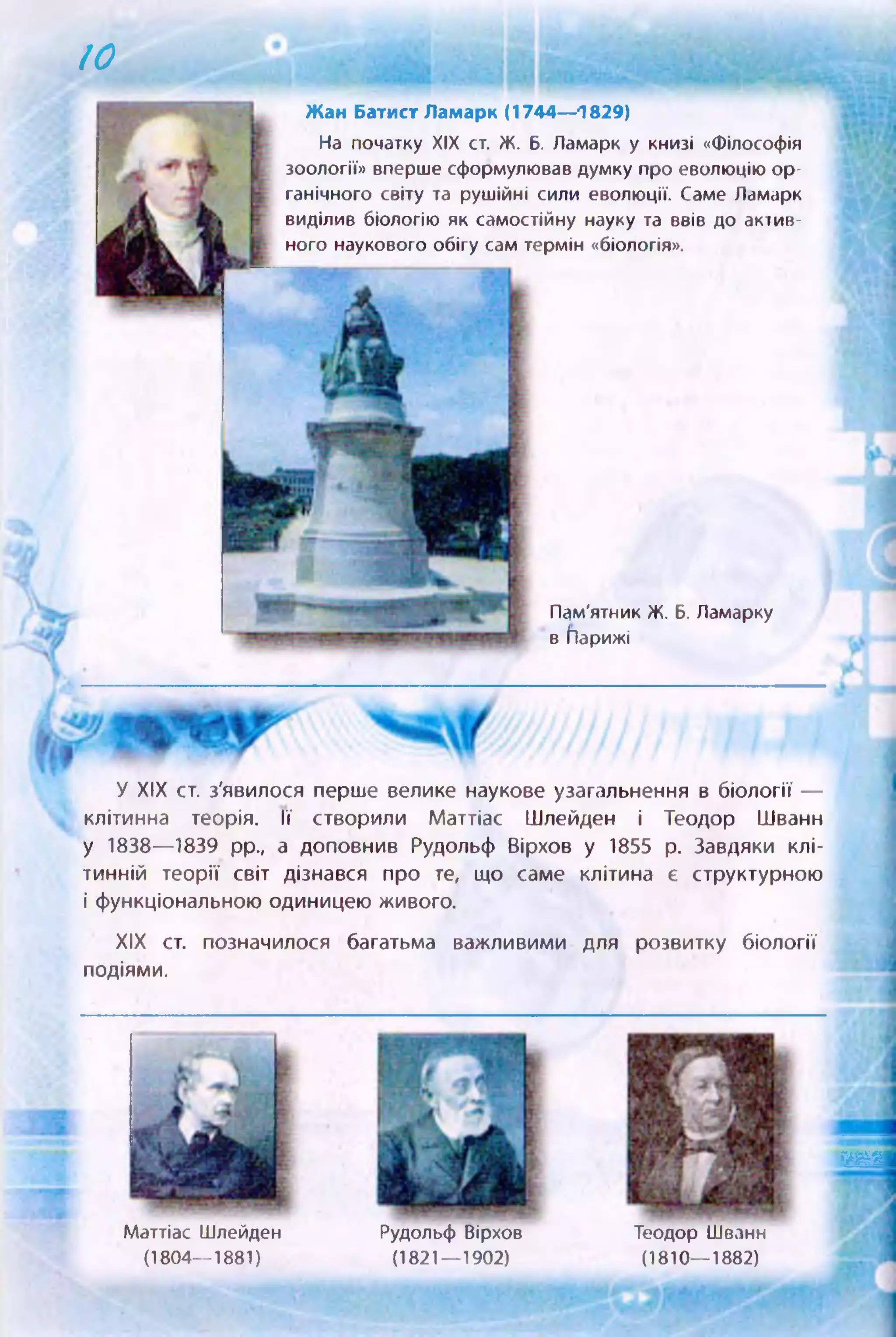 10
Жан Батист Ламарк (1744—1829)
На початку XIX ст. Ж. б. Ламарк у книзі «Філософія
зоології» вперше сформулював думку про еволюцію ор­
ганічного світу та рушійні сили еволюції. Саме Ламарк
виділив біологію як самостійну науку та ввів до актив­
ного наукового обігу сам термін «біологія».
Пам'ятник Ж. б. Ламарку
в (Парижі
У XIX ст. з'явилося перше велике наукове узагальнення в біології —
клітинна теорія. її створили Маттіас Шлейден і Теодор ІІІванн
у 1838— 1839 pp., а доповнив Рудольф Вірхов у 1855 р. Завдяки клі­
тинній теорії світ дізнався про те, що саме клітина є структурною
і функціональною одиницею живого.
XIX ст. позначилося багатьма важливими для розвитку біології
подіями.
Маттіас Шлейден
(1804— 1881)
Рудольф Вірхов
(1821— 1902)
Теодор Шванн
(1810— 1882)
Ш Щ
 