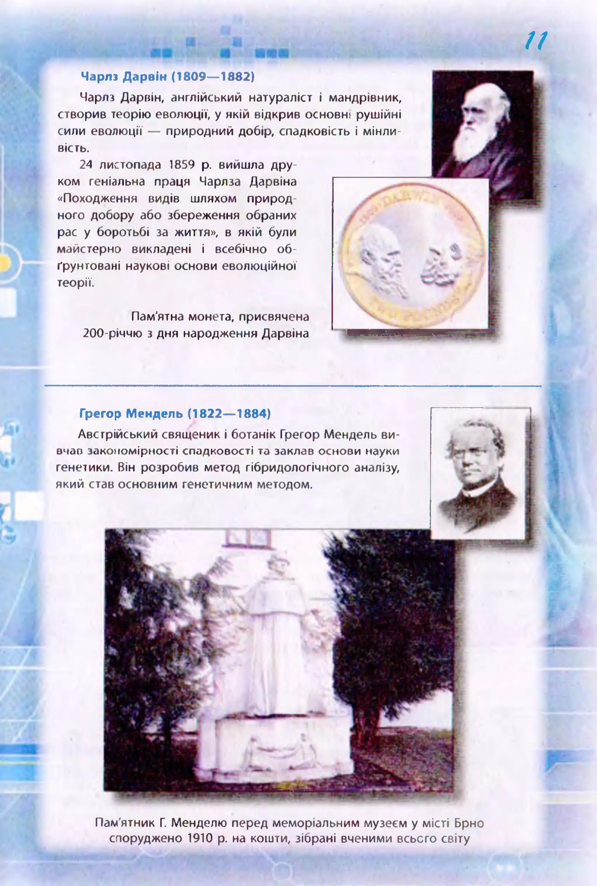 11
Чарлз Дароін (1809— 1882)
Чарлз Дарвін, англійський натураліст і мандрівник,
створив теорію еволюції, у якій відкрив основні рушійні
сили еволюції — природний добір, спадковість і мінли­
вість.
24 листопада 1859 р. вийшла дру­
ком геніальна праця Чарлза Дарвіна
«Походження видів шляхом природ­
ного добору або збереження обраних
рас у боротьбі за життя», в якій були
майстерно викладені і всебічно об­
ґрунтовані наукові основи еволюційної
теорії.
Пам'ятна монета, присвячена
200-річчю з дня народження Дарвіна
Пам’ятник Г. Менделю перед меморіальним музеєм у місті Брно
споруджено 1910 р. на кошти, зібрані вченими всього світу
Грегор Мендель (1822— 1884)
Австрійський священик і ботанік Грегор Мендель ви­
вчав закономірності спадковості та заклав основи науки
генетики. Він розробив метод гібридологічного аналізу,
який став основним генетичним методом.
 