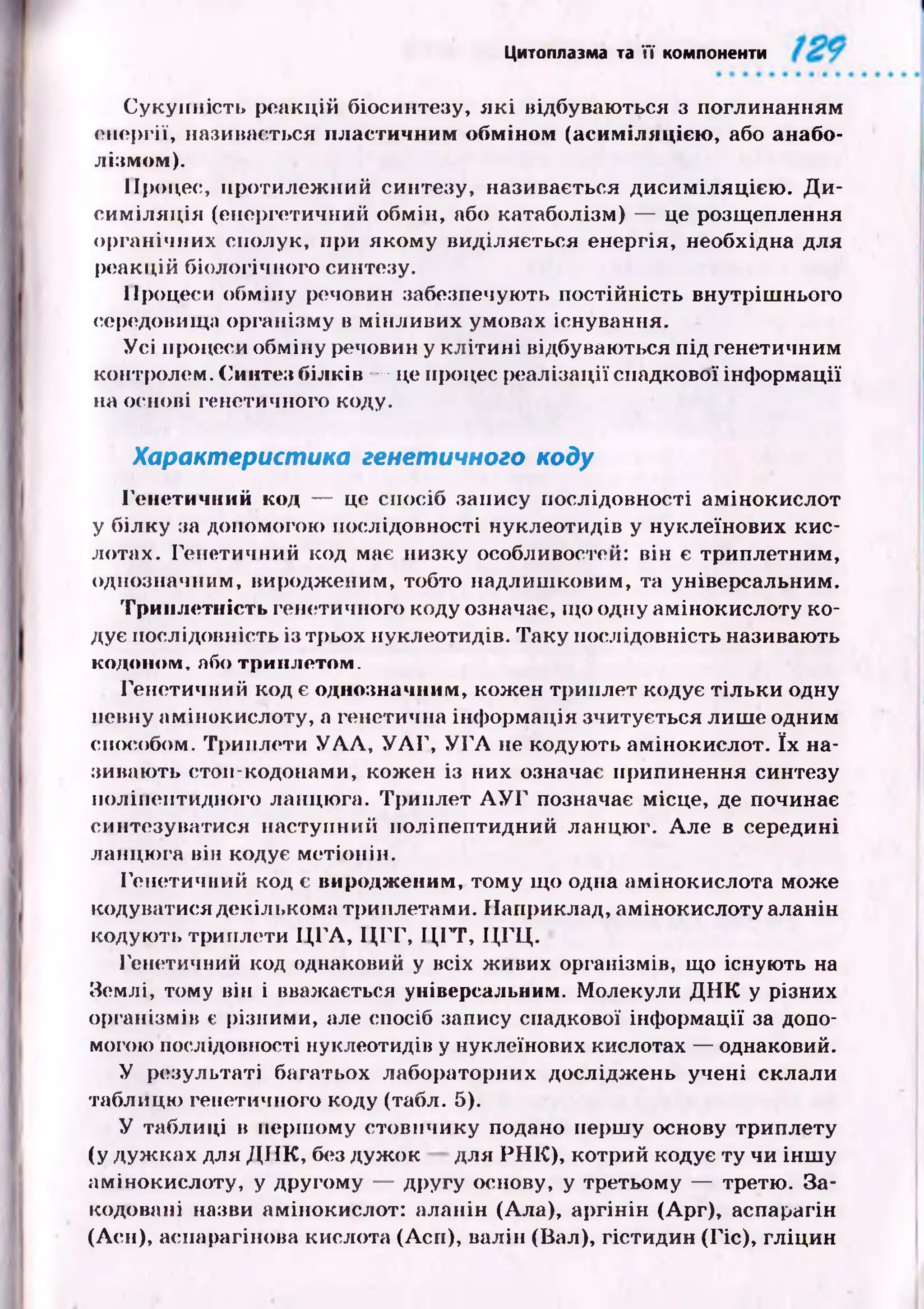 Цитоплазма та її компоненти
С укупність реакцій біосинтезу, я к і відбуваються з поглинанням
енергії, називається пластичним обміном (асиміляцією , або анабо­
лізмом).
Процес, протилеж ний синтезу, називається ди си м іляц ією . Д и ­
си м іл яц ія (енергетичний обмін, або катаболізм) — це розщеплення
органічних сполук, при яком у виділяється енергія, необхідна для
реакцій біологічного синтезу.
Процеси обміну речовин забезпечують постійність внутріш нього
середовища організму в м інливих умовах існування.
У сі процеси обміну речовин у к л іти н і відбуваються під генетичним
контролем. Синтез білків — це процес реалізації спадкової інф ормації
на основі генетичного коду.
Характеристика генетичного коду
Генетичний код — це спосіб запису послідовності ам інокислот
у білку за допомогою послідовності нуклеотидів у нуклеїнових кис­
лотах. Генетичний код має низку особливостей: він є триплетним,
однозначним, виродженим, тобто надлиш ковим, та універсальним.
Триплетність генетичного коду означає, що одну амінокислоту ко­
дує послідовність із трьох нуклеотидів. Таку послідовність називають
кодоном,або триплетом.
Генетичний код є однозначним, кожен триплет кодує тіл ьк и одну
певну амінокислоту, а генетична інф ормація зчитується лиш е одним
способом. Триплети У А А , У А Г , У Г А не кодую ть амінокислот. їх на­
зивають стоп-кодонами, кожен із них означає припинення синтезу
поліпептидного ланцю га. Триплет А У Г позначає місце, де починає
синтезуватися наступний поліпептидний ланцю г. А ле в середині
ланцю га він кодує метіонін.
Генетичний код є виродженим, тому щ о одна амінокислота може
кодуватися декількома триплетами. Наприклад, амінокислоту аланін
кодую ть триплети Ц Г А , Ц ГГ , Ц Г Т , Ц Г Ц .
Генетичний код однаковий у всіх живих організмів, що існують на
Землі, тому він і вважається універсальним. Молекули Д Н К у різних
організмів є різними, але спосіб запису спадкової інформації за допо­
могою послідовності нуклеотидів у нуклеїнових кислотах — однаковий.
У результаті багатьох лабораторних дослідж ень учені склали
таблицю генетичного коду (табл. 5).
У таблиці в перш ому стовпчику подано перш у основу триплету
(у дуж ках для Д Н К , без дуж ок для РН К ), котрий кодує ту чи інш у
амінокислоту, у другому — другу основу, у третьому — третю. За­
кодовані назви амінокислот: аланін (Ала), аргінін (Apr), аспарагін
(Асн), аспарагінова кислота (Асп), валін (Вал), гістидин (Гіс), гліцин
 
